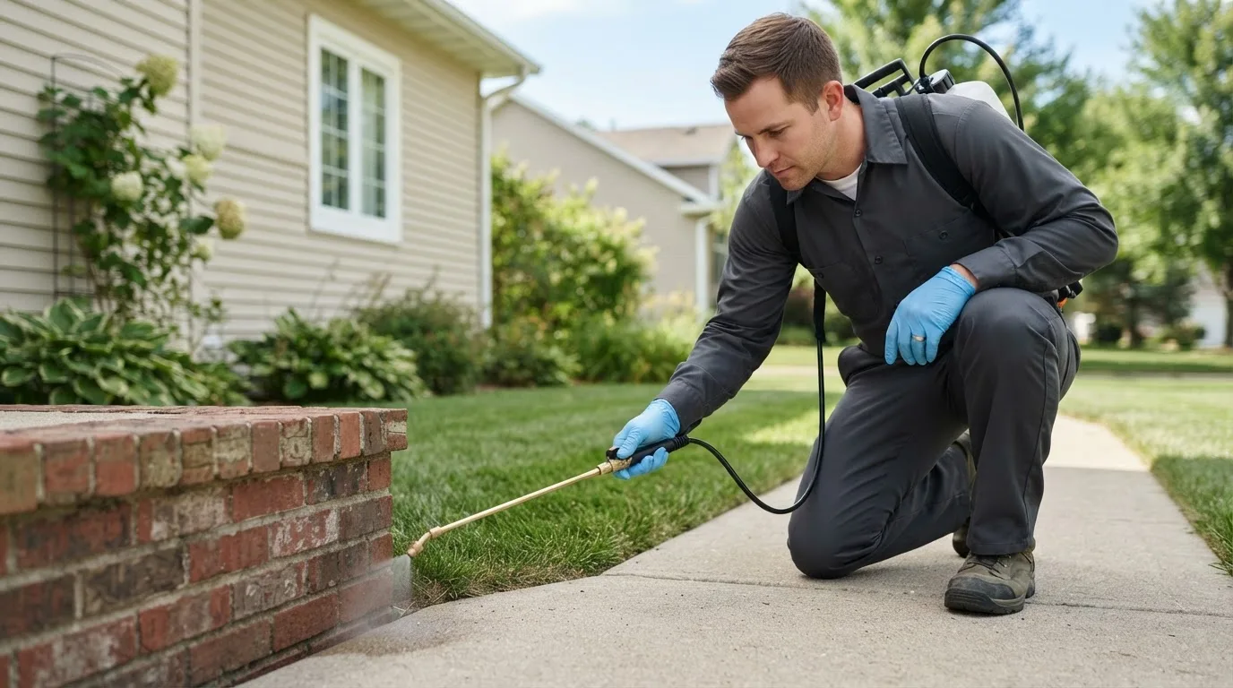 Pest control technician treating a home near Mackinac Island, MI